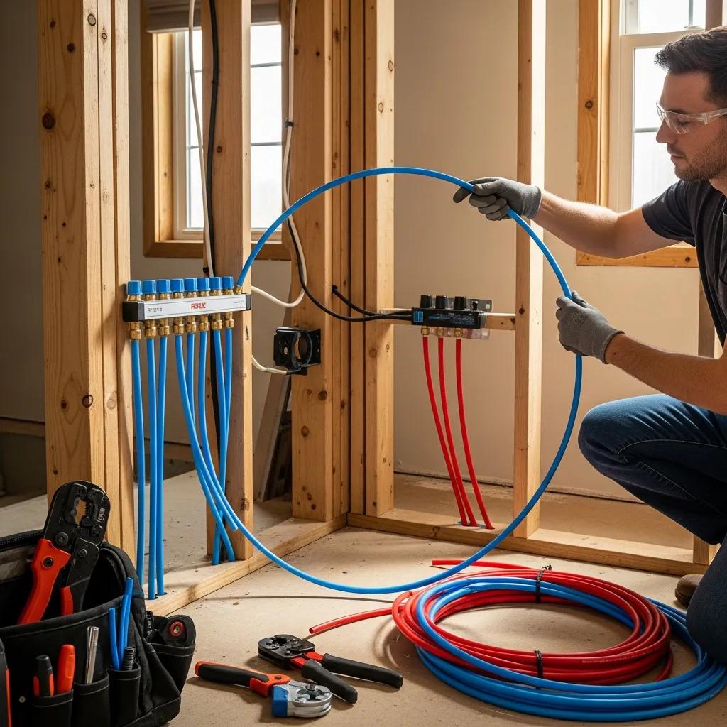 Plumber fitting flexible PEX tubing during a home repipe project