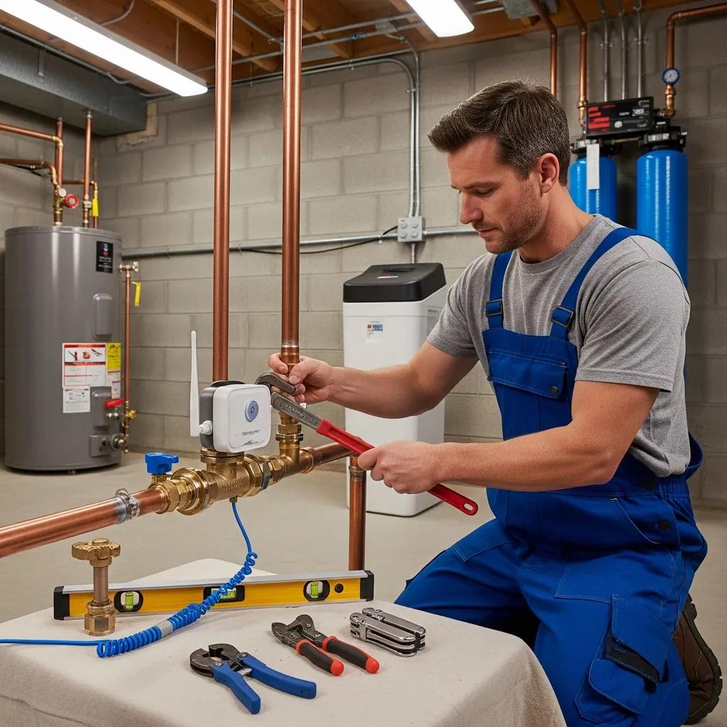Technician installing a smart water shutoff valve on a home's main water line to prevent water damage