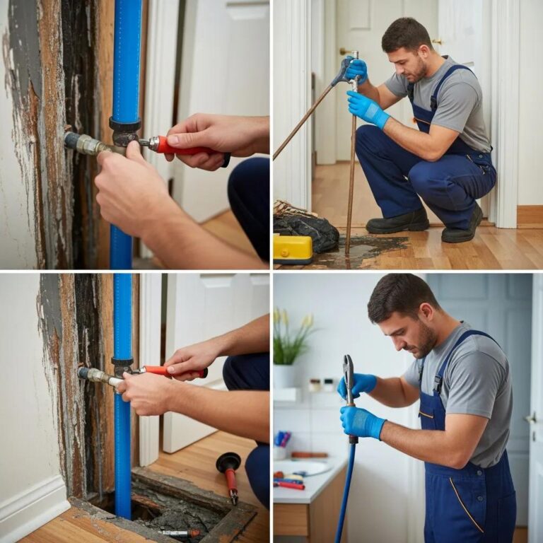Professional plumber repairing a burst pipe in a home, emphasizing emergency plumbing services