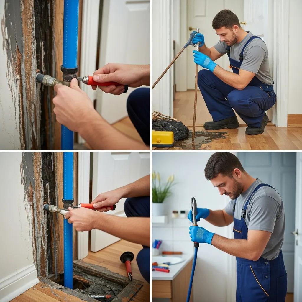 Professional plumber repairing a burst pipe in a home, emphasizing emergency plumbing services
