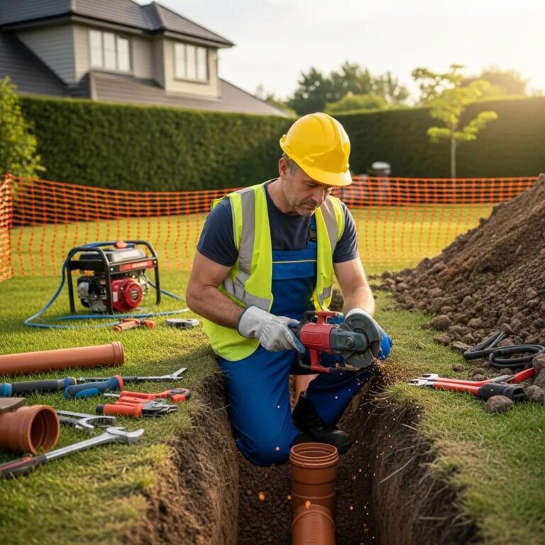 Professional plumber repairing a sewer line in a residential yard, showcasing emergency plumbing services