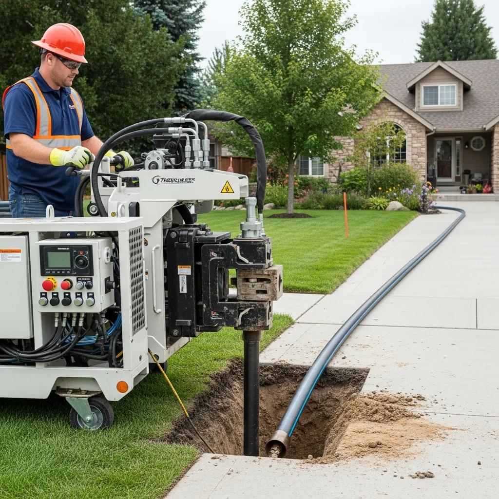Technician performing a trenchless sewer line replacement with minimal impact on landscaping