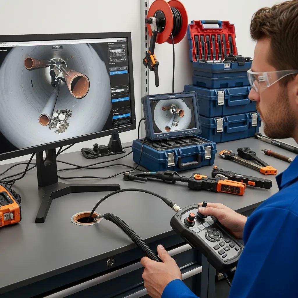 Technician operating a sewer video camera to inspect pipe condition and locate defects