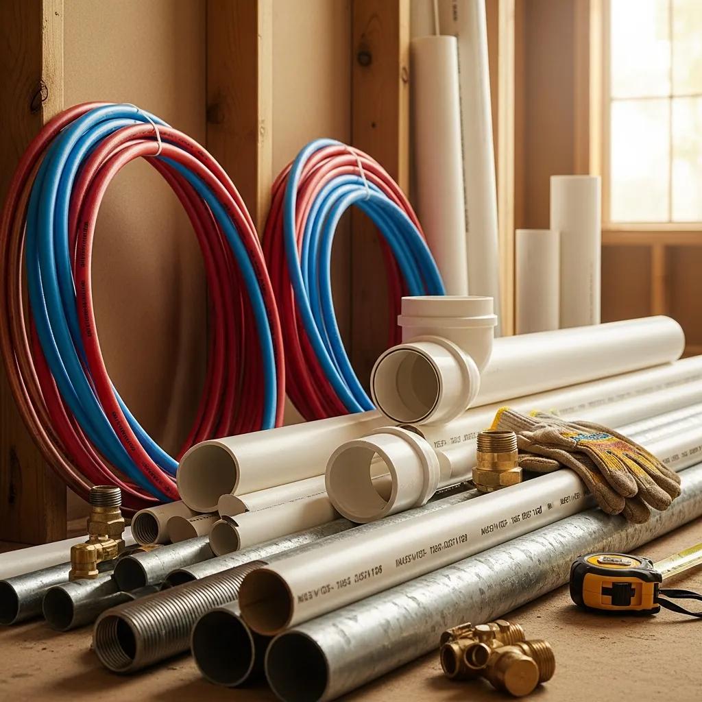 Various plumbing pipe materials including copper, PEX, PVC, and galvanized steel in a home renovation setting