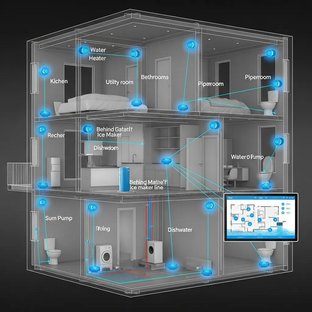 Whole-home leak detection setup with multiple sensors and a central monitoring unit for coordinated protection
