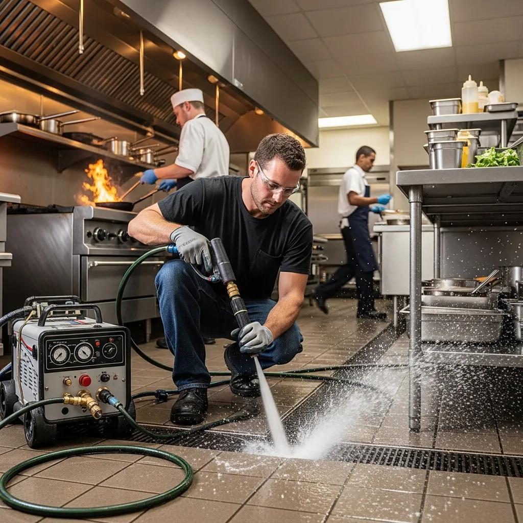 Commercial plumber performing hydro jetting in a restaurant kitchen to prevent downtime