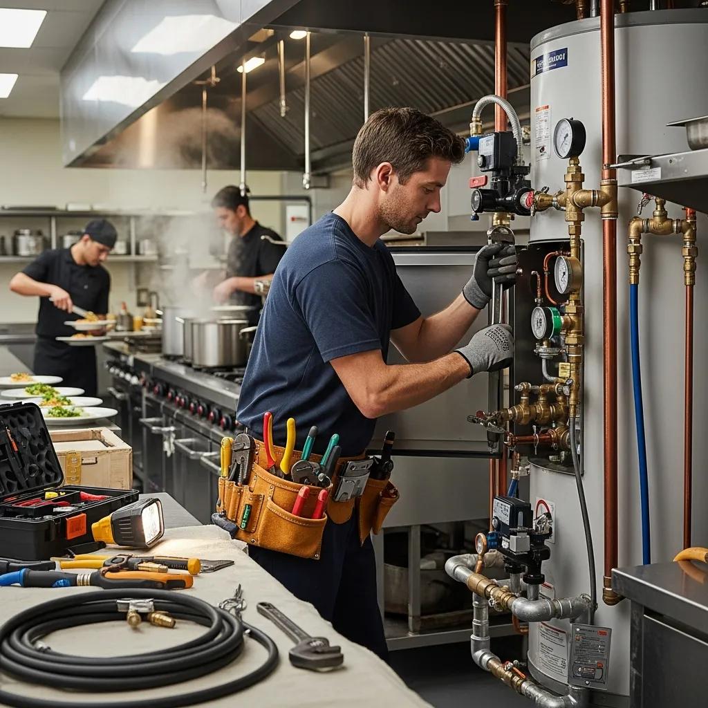 Commercial technician servicing a large water heater in a restaurant kitchen