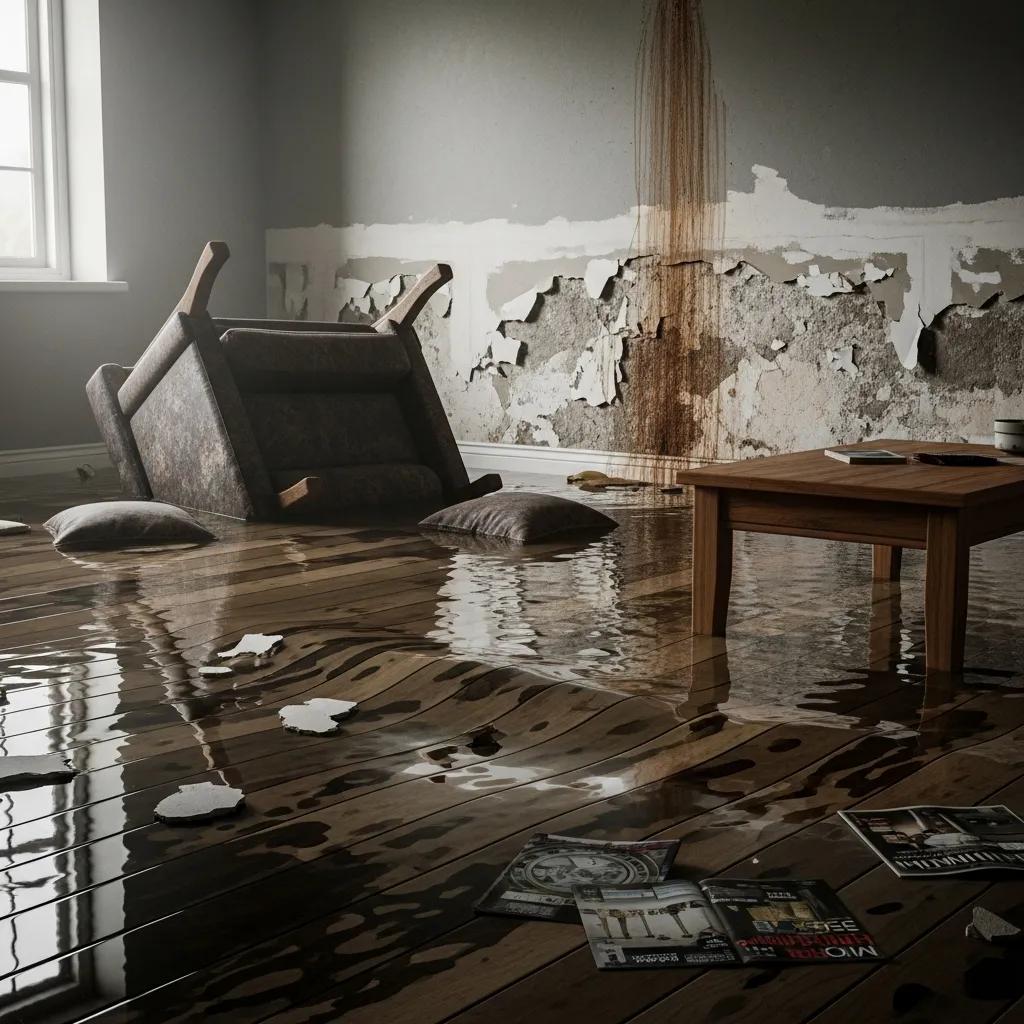 Interior water damage from a burst pipe, showing wet flooring and drywall