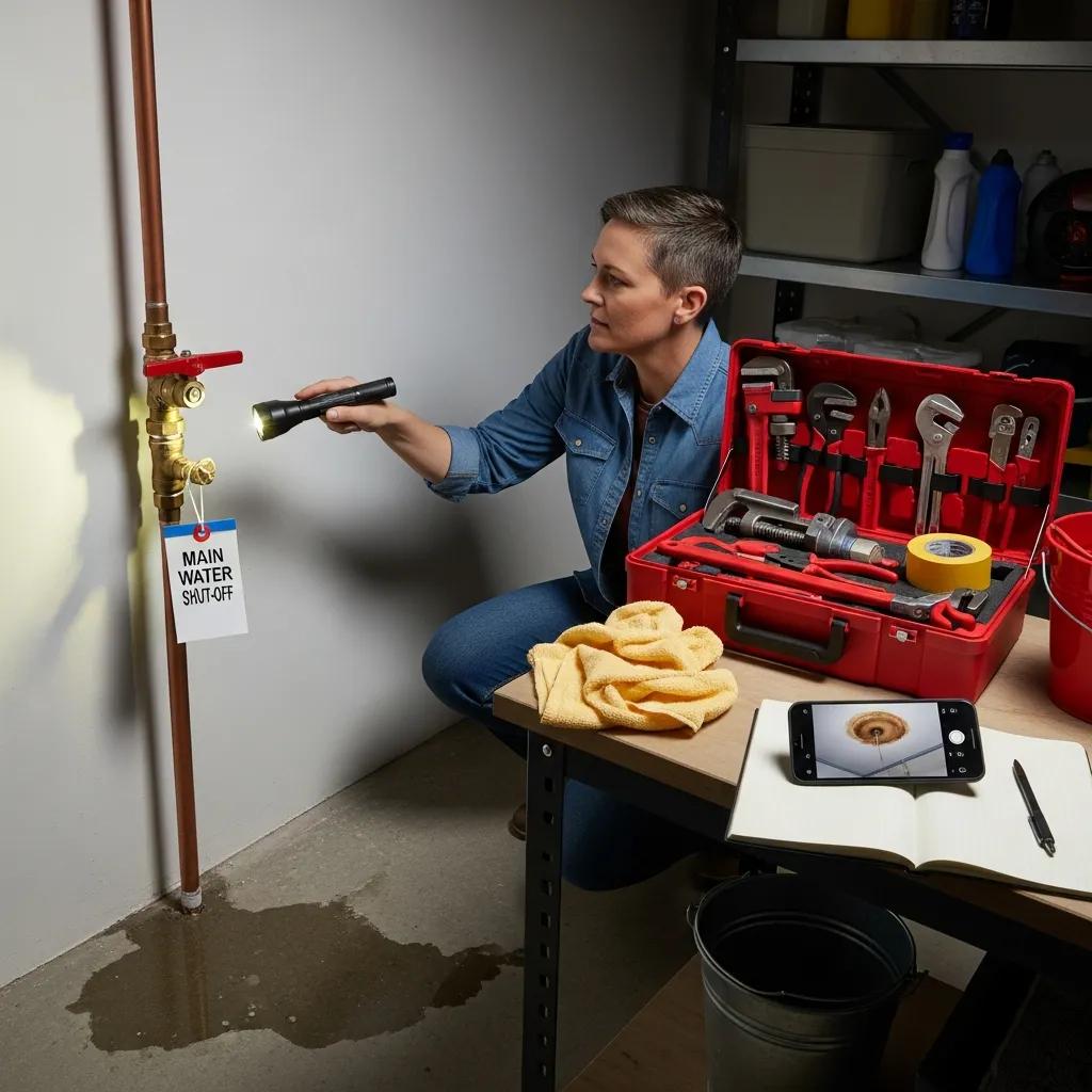 Homeowner locating shut-off valves and documenting damage before a plumber arrives