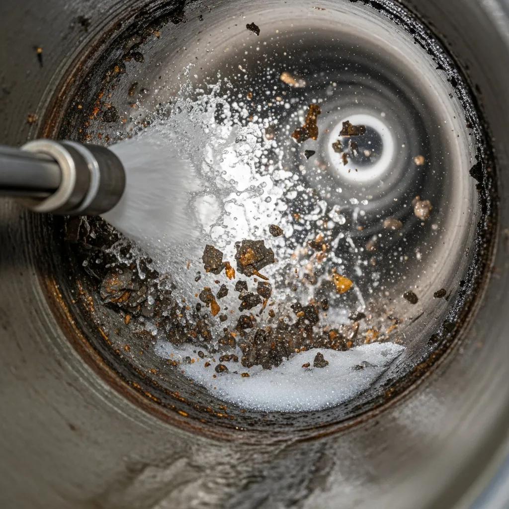 Hydro jetting equipment spraying high-pressure water to clean pipe interiors