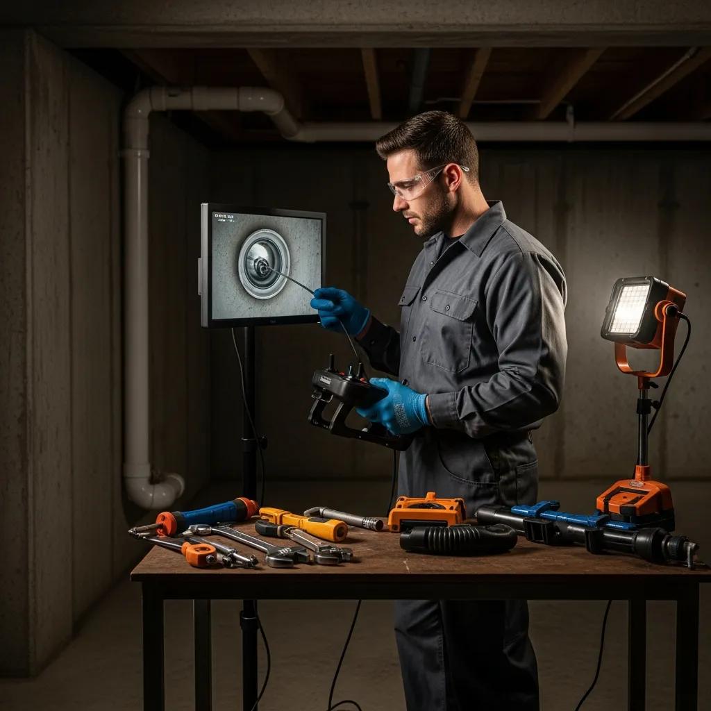 Licensed plumber inspecting pipes with a sewer camera in a basement