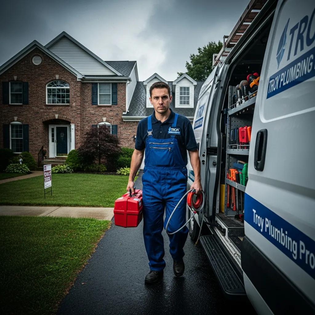 A plumber arriving quickly at a Troy residence to address an urgent plumbing situation, emphasizing readiness and quick arrival