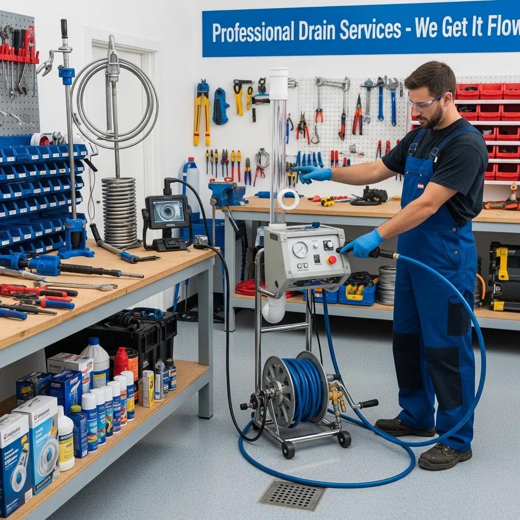 Plumber demonstrating hydro-jetting and camera inspection for drain cleaning