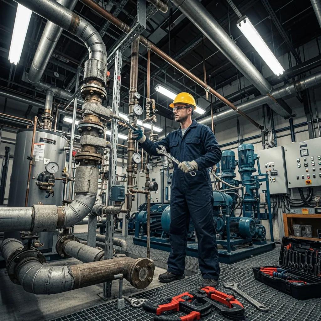 Technician inspecting large commercial pipes — typical for business plumbing needs