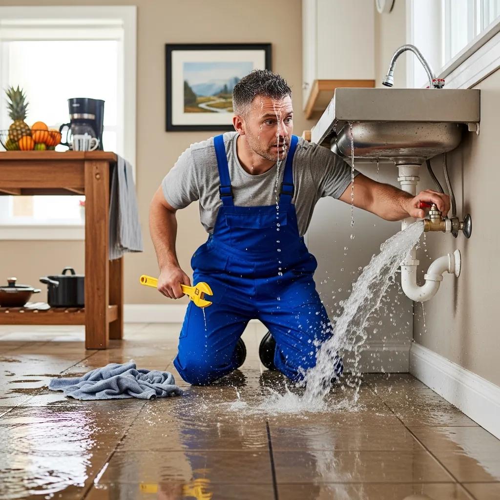 Plumber responding to a residential burst pipe emergency