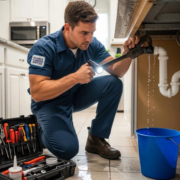 Professional plumber addressing a plumbing emergency in a Troy home, emphasizing reliability and urgency