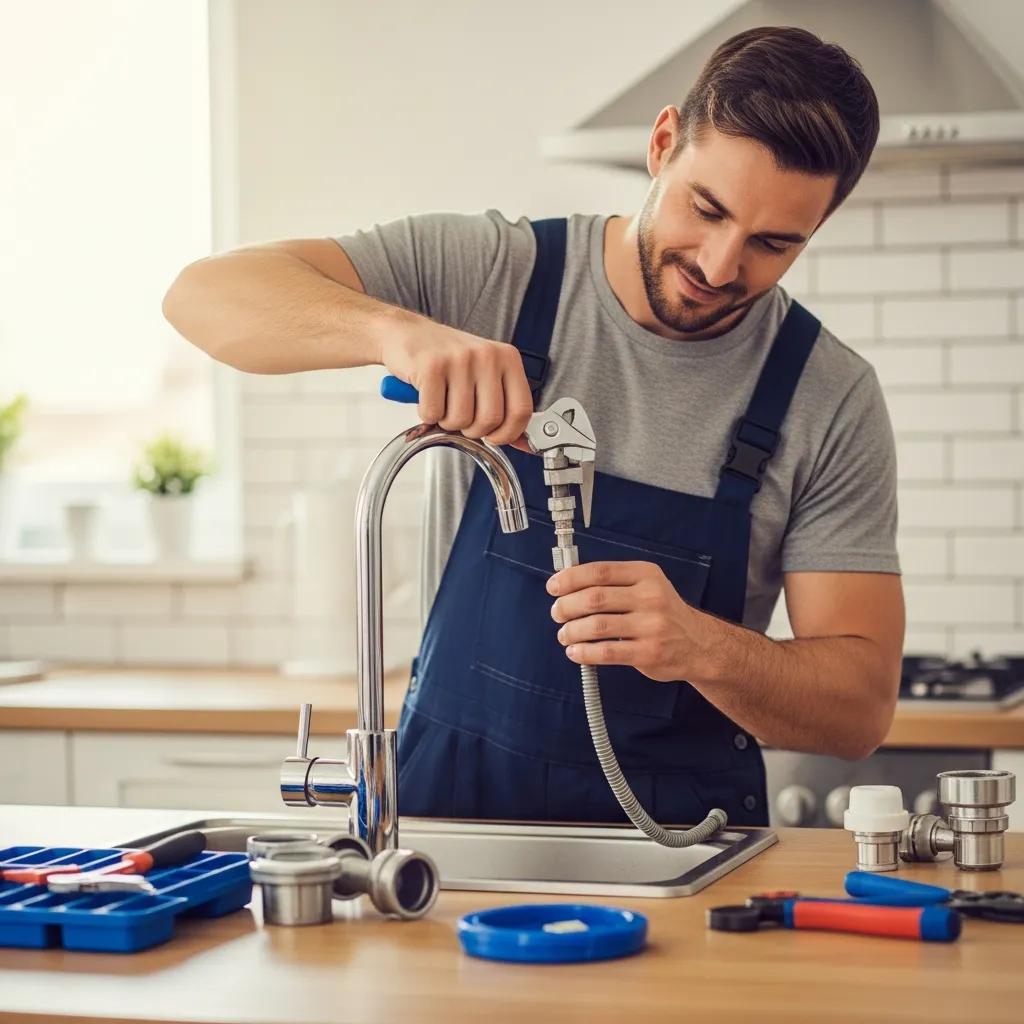 Professional plumber fixing a leaky faucet in a modern kitchen, showcasing reliable plumbing services