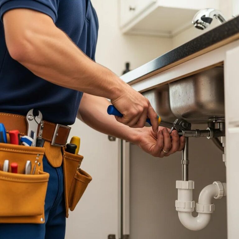 Professional plumber fixing a pipe in a Grosse Pointe Park home, showcasing expert plumbing services