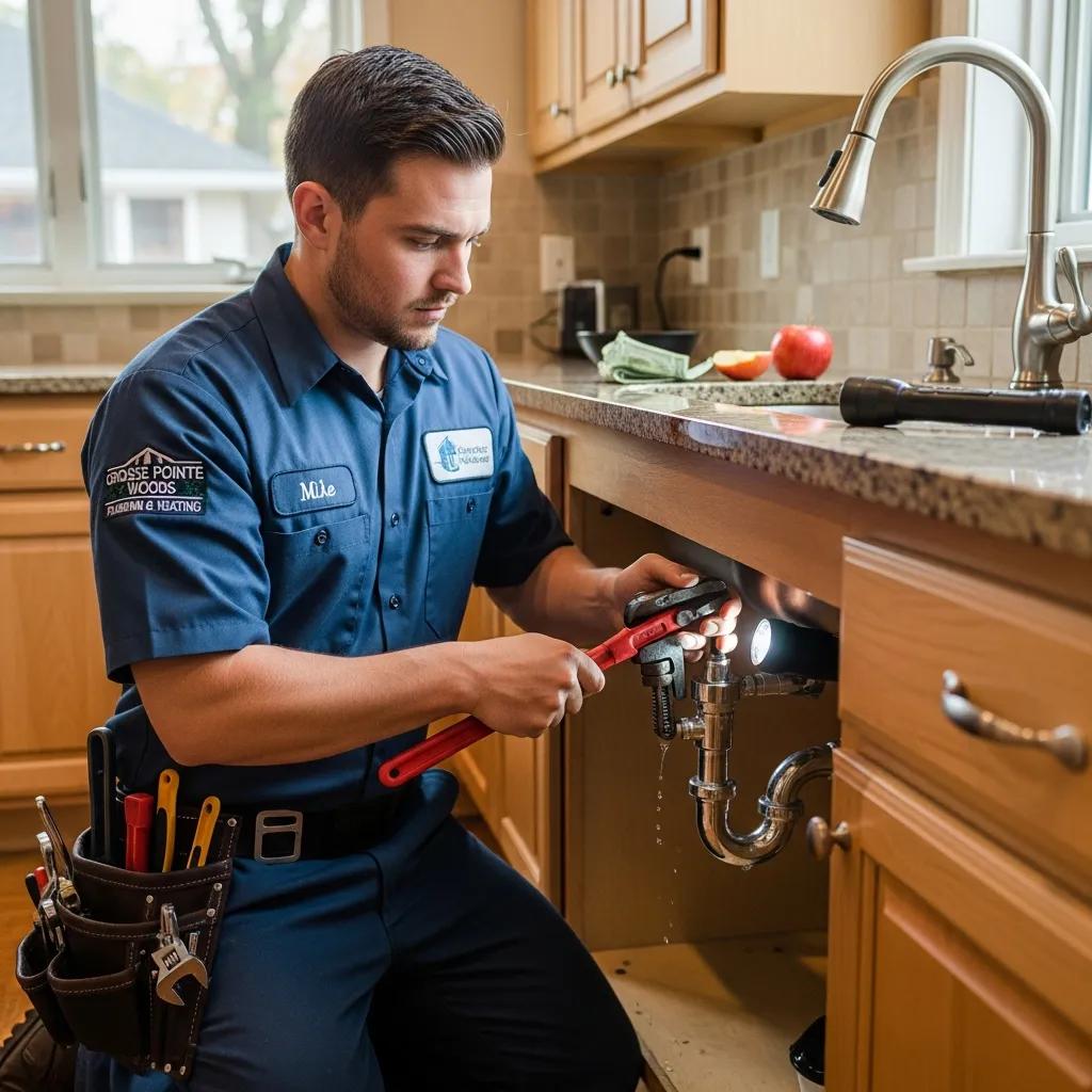 Professional plumber fixing a residential plumbing system in Grosse Pointe Woods, MI