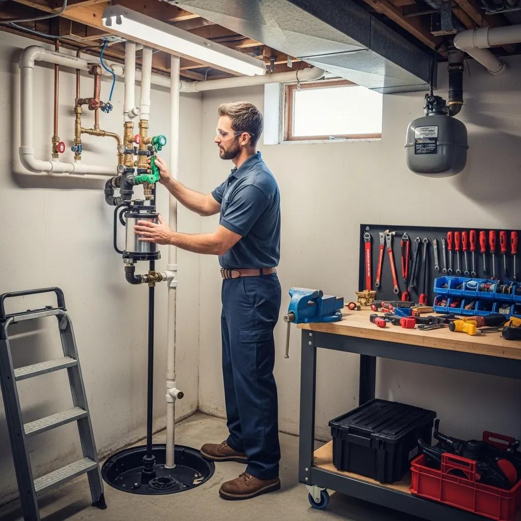 Professional plumber inspecting a sump pump installation in a residential basement in Grosse Pointe City, MI
