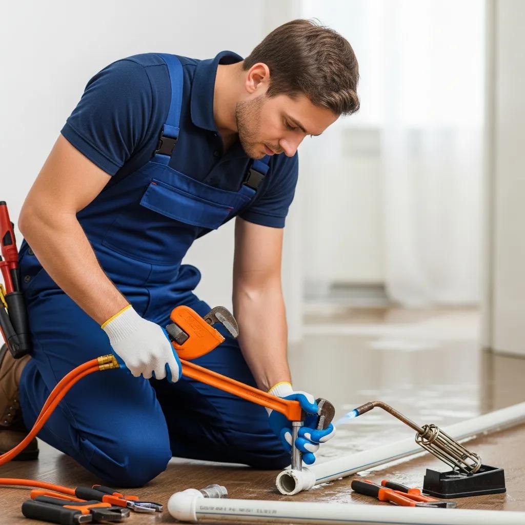 Professional plumber repairing a burst pipe in a residential emergency situation