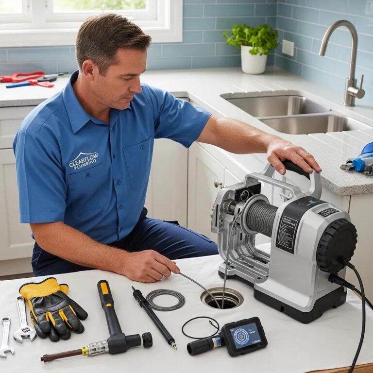 Professional plumber using advanced drain cleaning equipment in a residential setting
