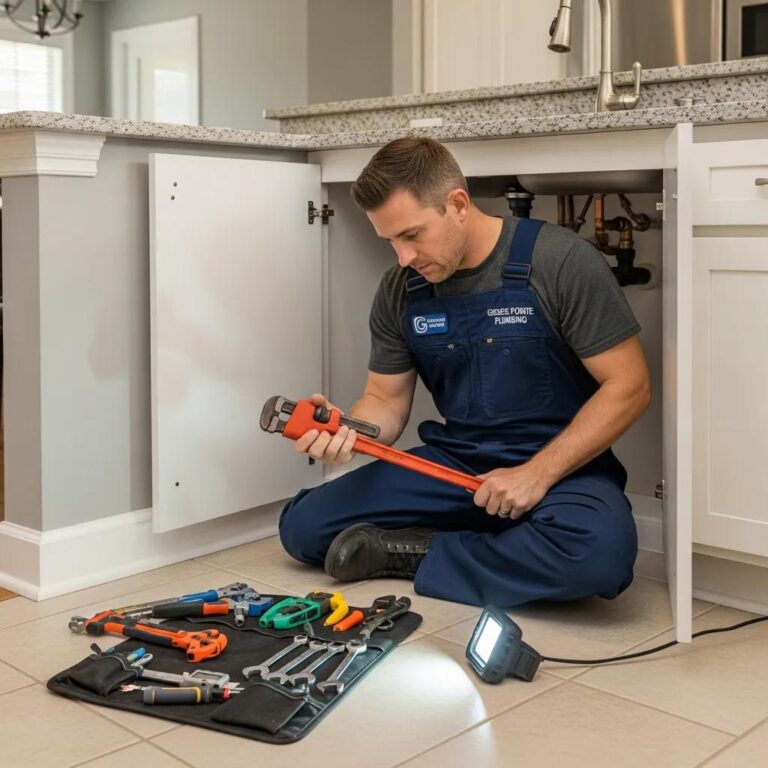 Professional plumber working on residential plumbing in Grosse Pointe Farms