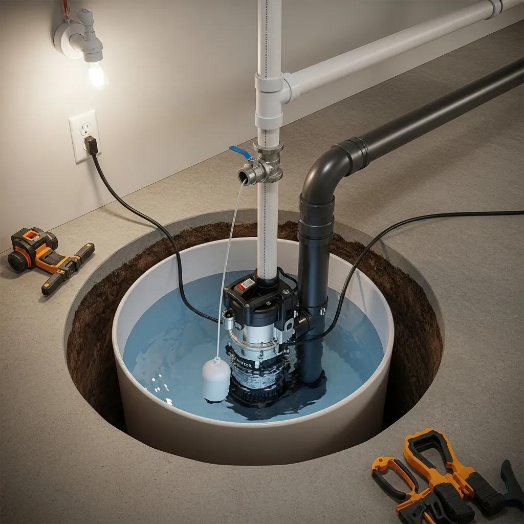 Installed sump pump system in a basement showing key components and operation