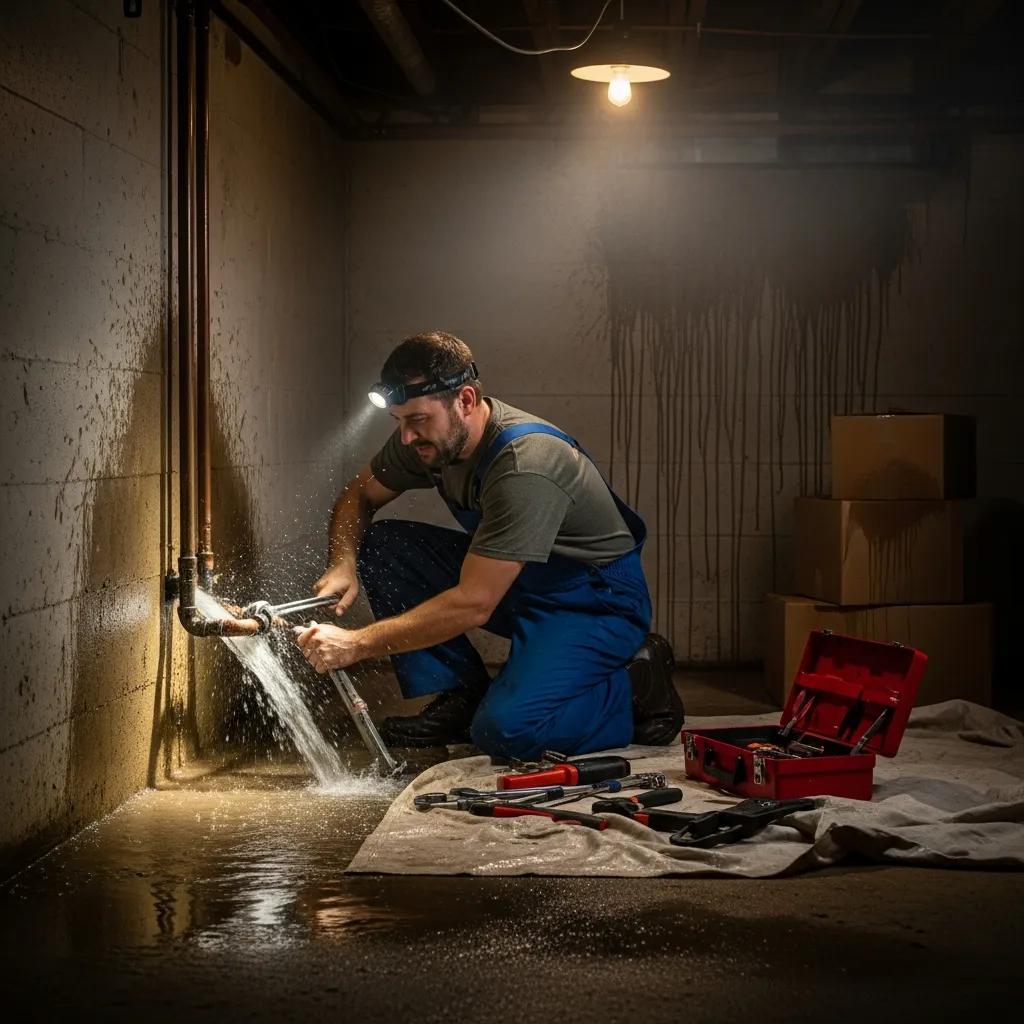 Technician stopping a burst pipe in a Grosse Pointe Park home during an emergency service call