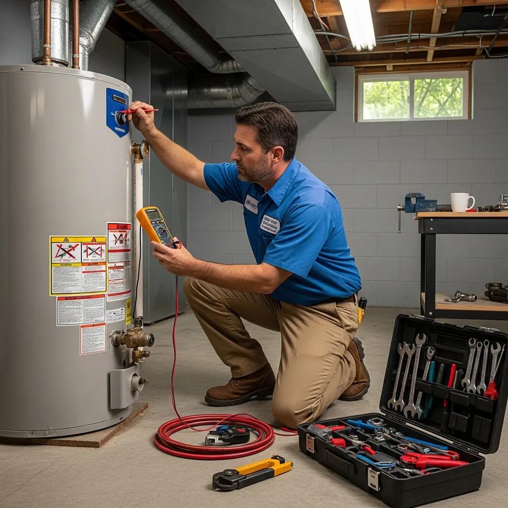 A technician inspecting a household water heater in a Grosse Pointe Park basement during a service visit