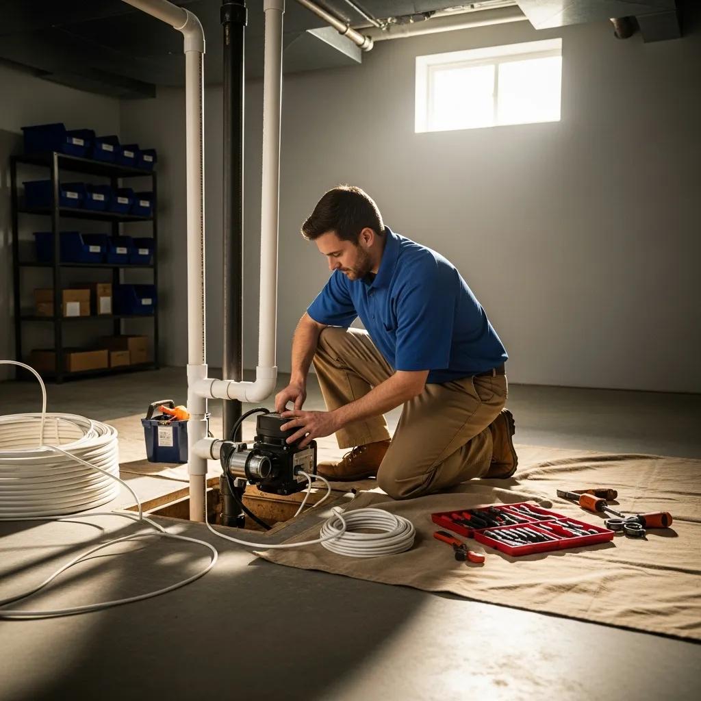 Technician installing a sump pump in a basement to protect a Grosse Pointe Shores home