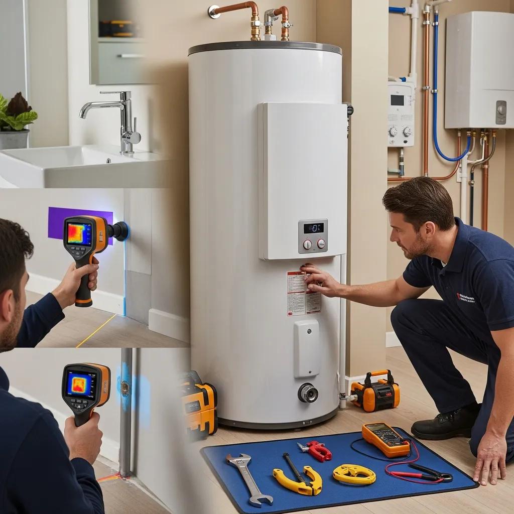Technician installing a water heater and checking for leaks in a home