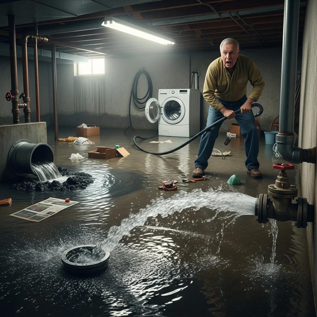 Illustration of common plumbing emergencies like burst pipes and sewer backups