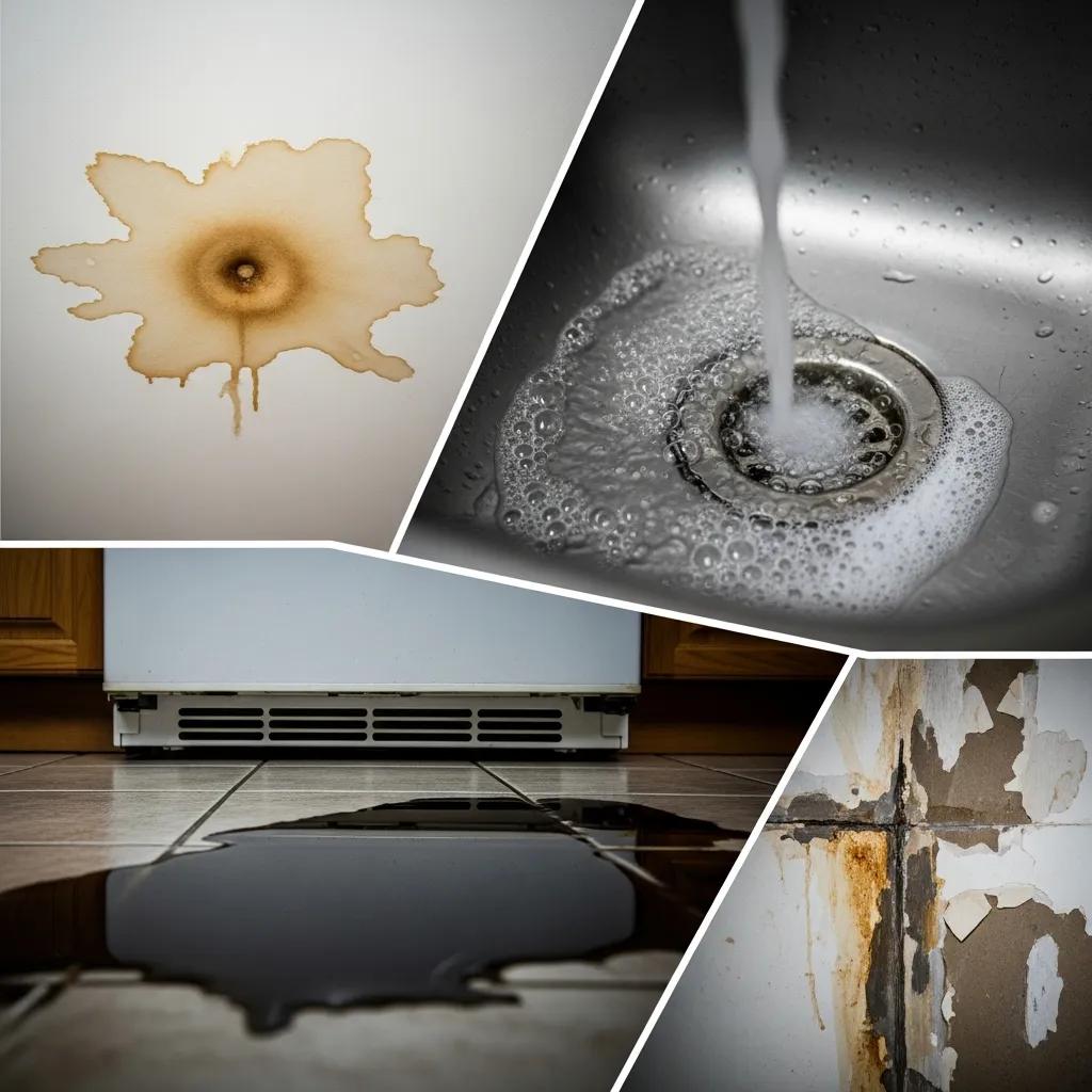 Water stains and pooling water indicating plumbing trouble