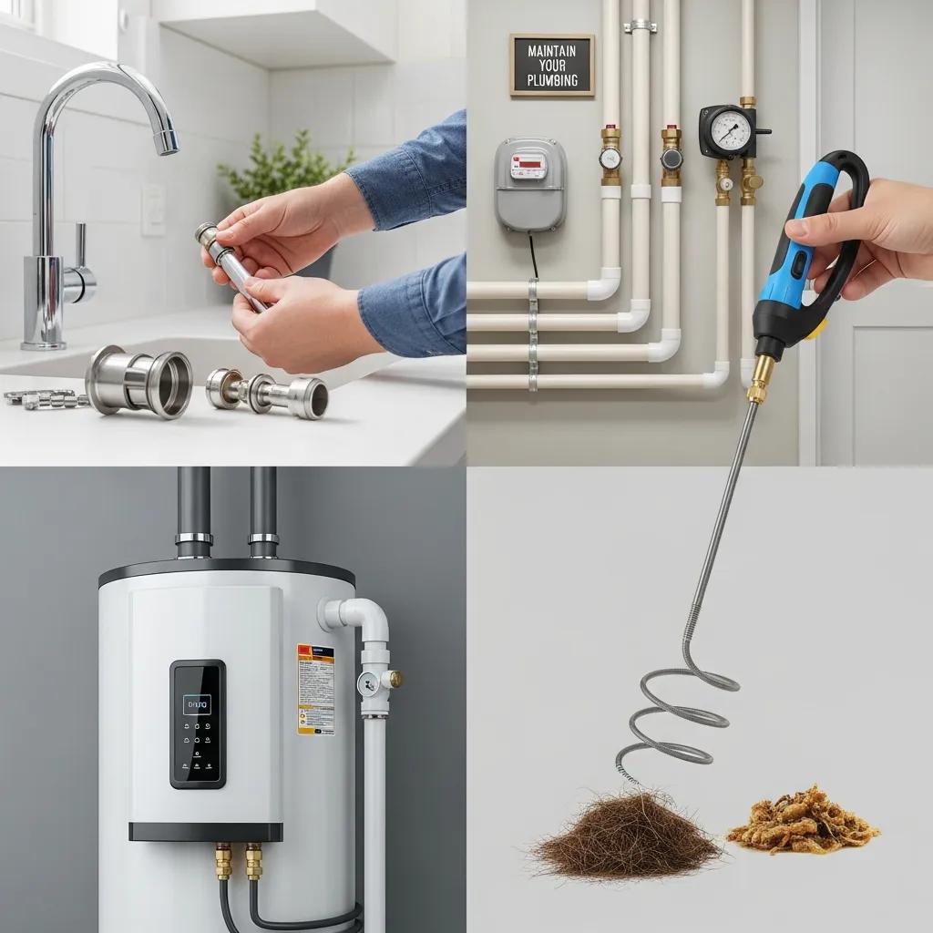 Residential plumbing work: water heater, drain-cleaning tool, and faucet replacement in a home