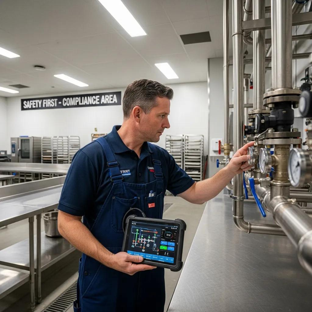 Commercial plumber inspecting an industrial plumbing system in Livonia