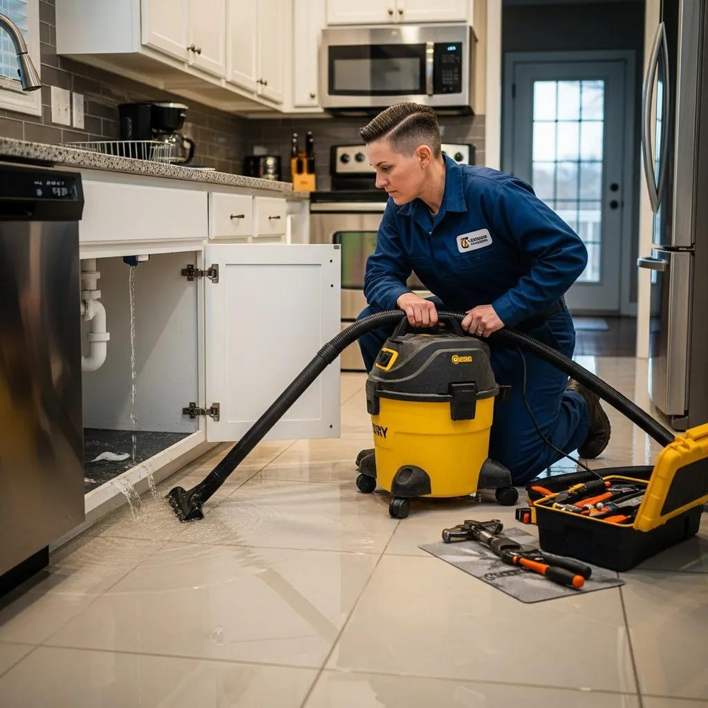 Emergency plumber stopping a home water leak &mdash; fast containment and repair planning