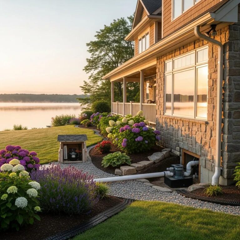 Lakefront home showcasing plumbing solutions for property protection