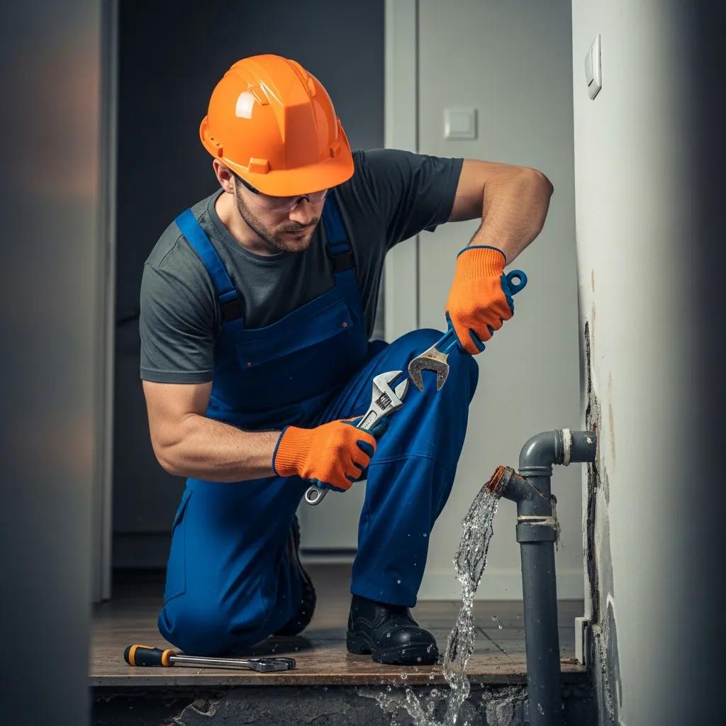 Plumber in orange hard hat and gloves repairing a burst pipe in a residential setting, highlighting urgent plumbing services and emergency response.