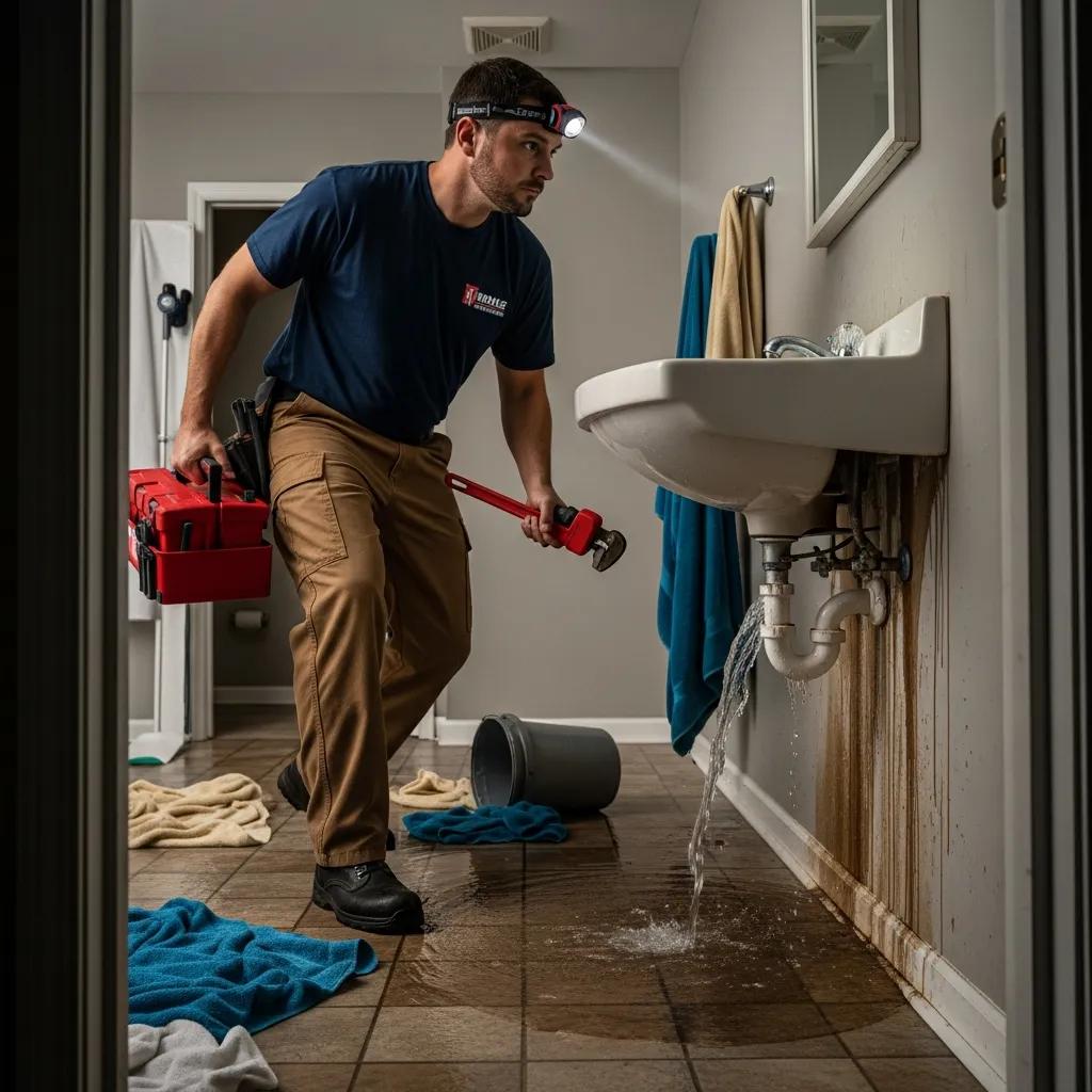 Technician responding to a plumbing emergency at a Grosse Ile residence