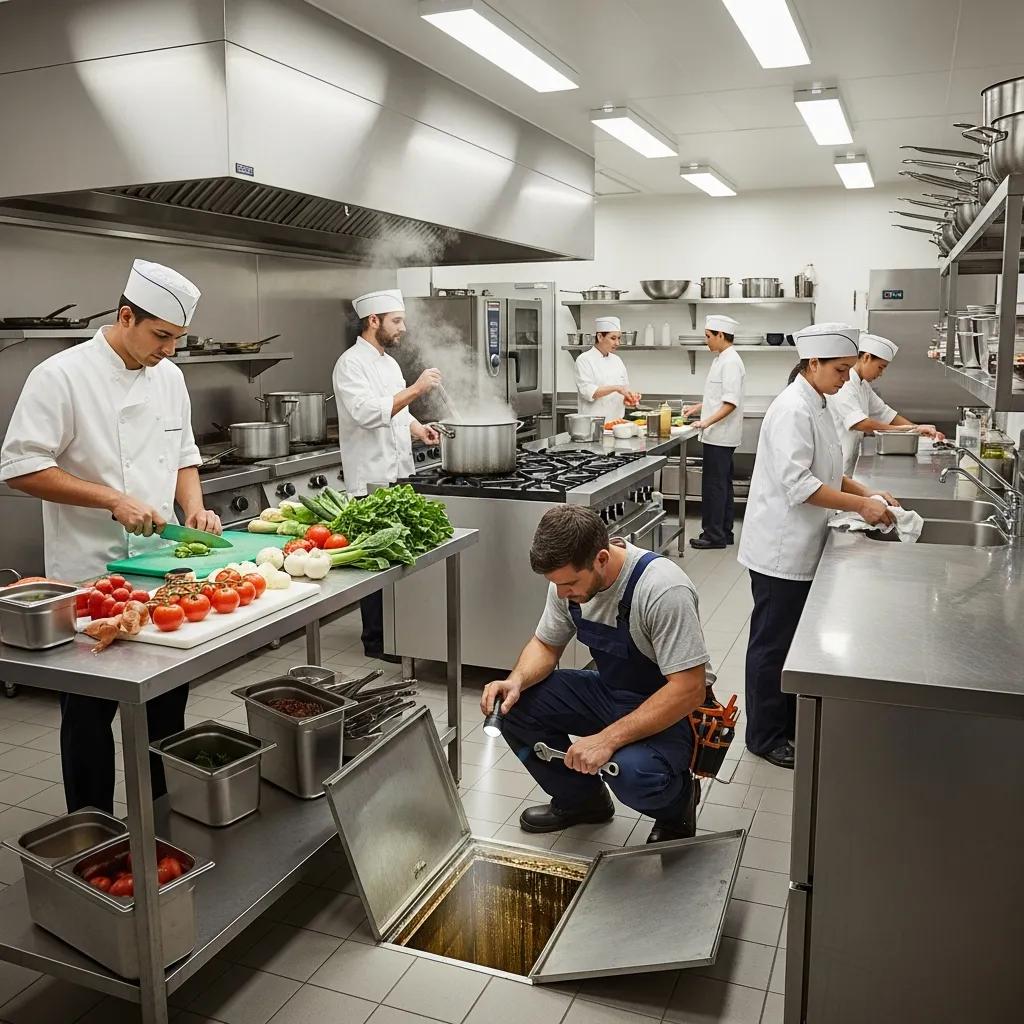 Technician inspecting a grease trap in a Sterling Heights commercial kitchen