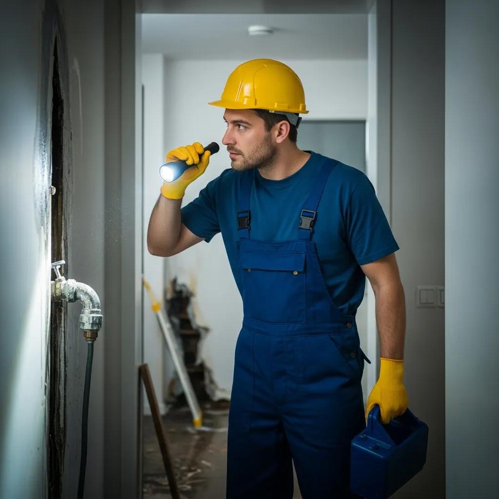 Plumber inspecting a wall for leaks with a flashlight, wearing a hard hat and gloves, illustrating emergency plumbing services in Clinton Township.