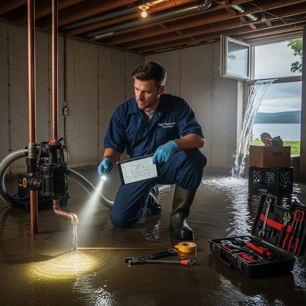 Technician responding to a plumbing emergency at a lakefront home