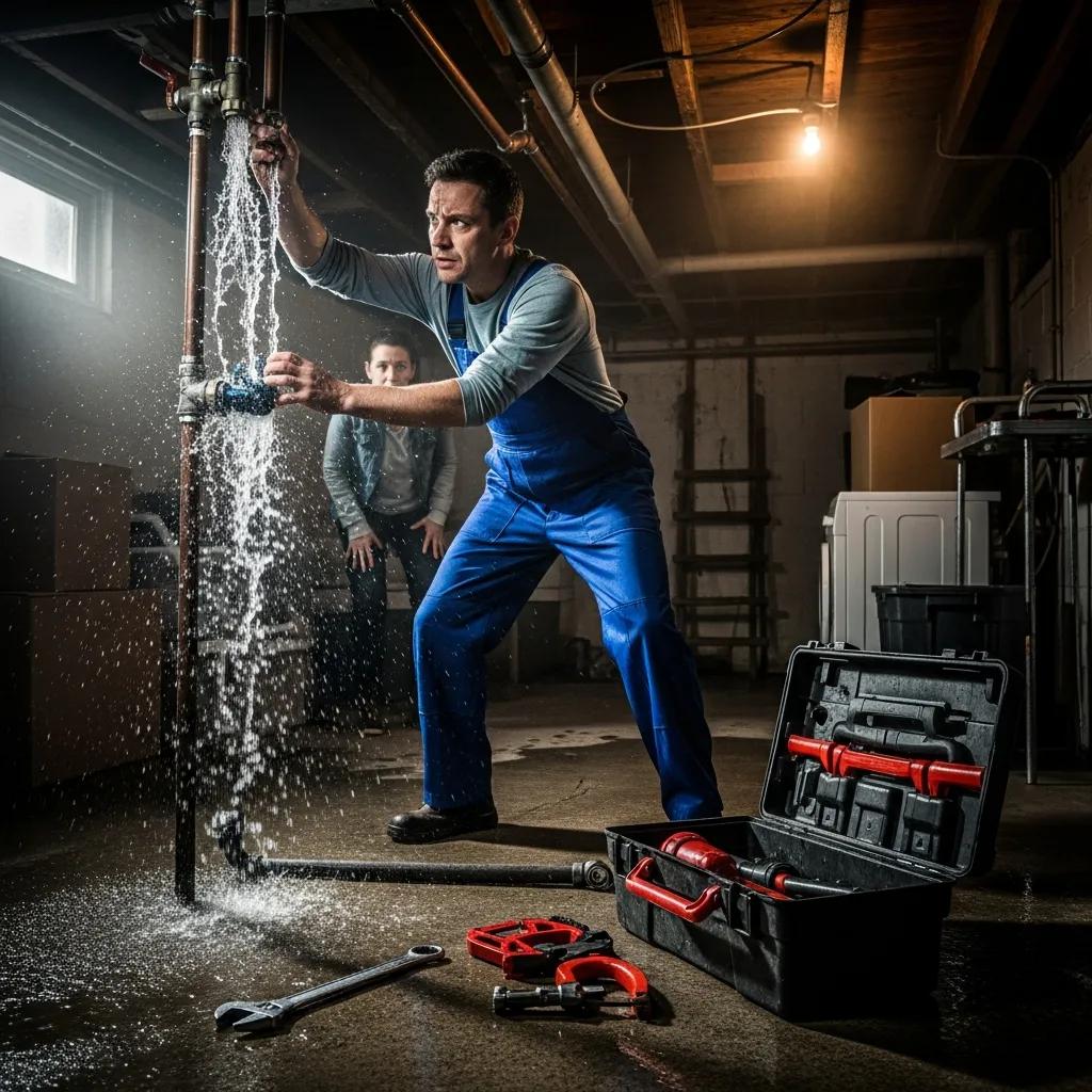 Emergency plumber responding to a burst pipe in a Livonia home