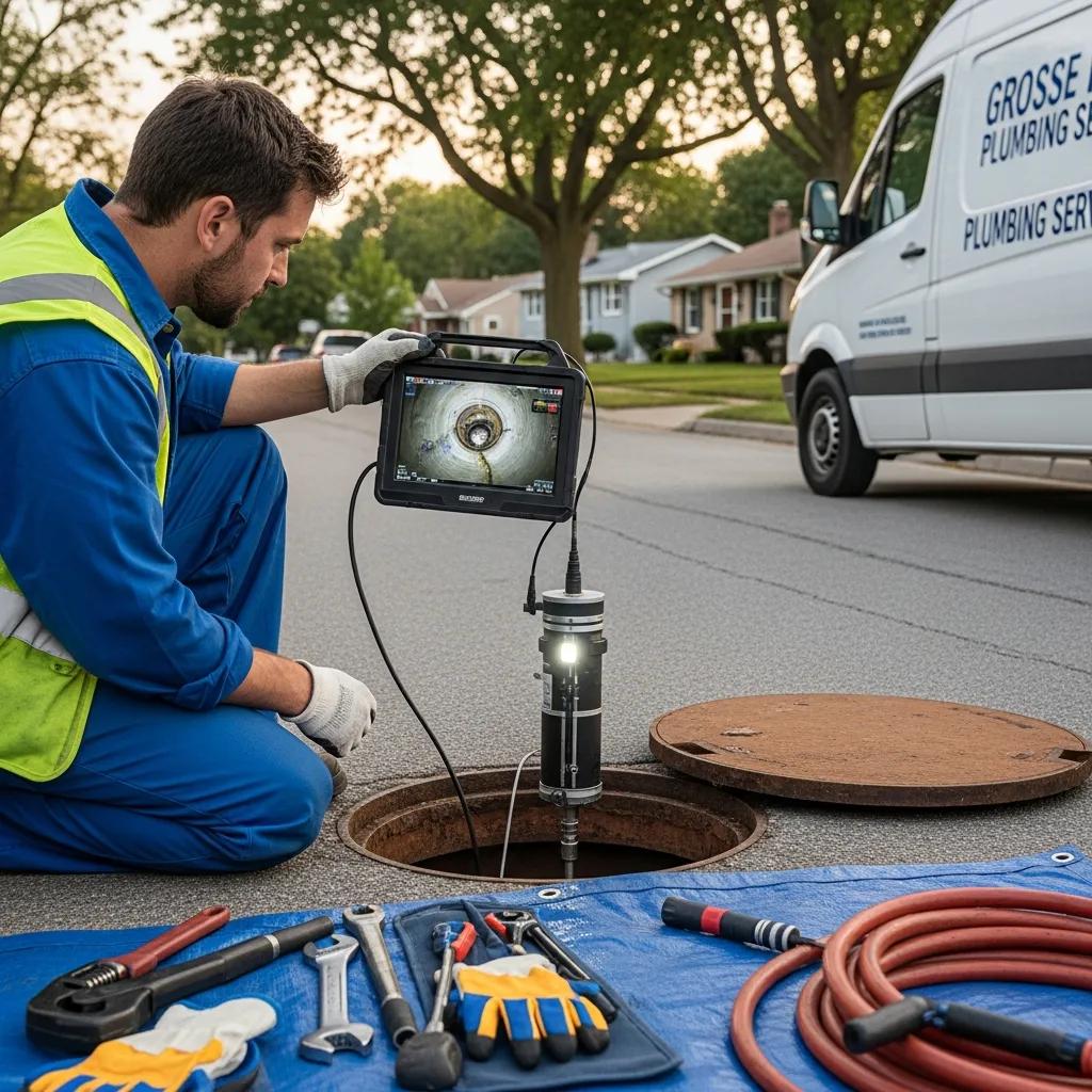 Technician performing CCTV sewer inspection at a Grosse Ile property
