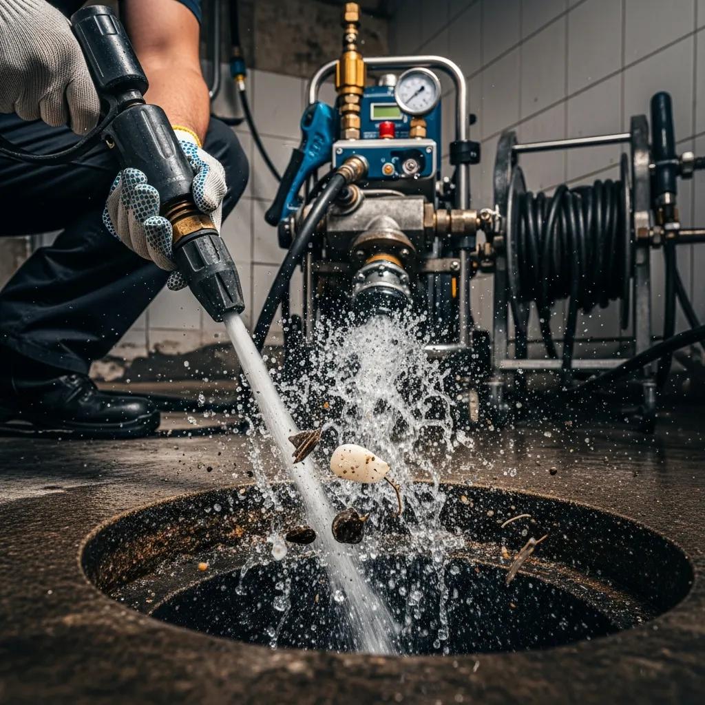 Technician using hydro-jetting equipment to clear a drain — effective, thorough cleaning