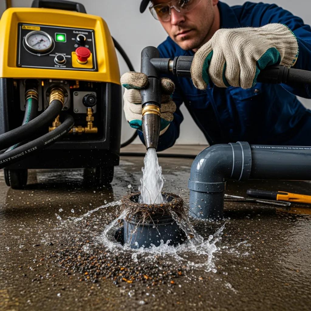 Technician using hydro-jetting to clear a clogged drain &mdash; effective, long-lasting cleaning