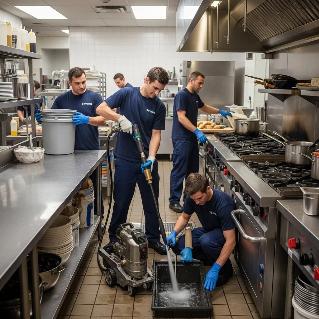 Commercial plumbers servicing a grease trap in a kitchen&mdash;services for Troy businesses