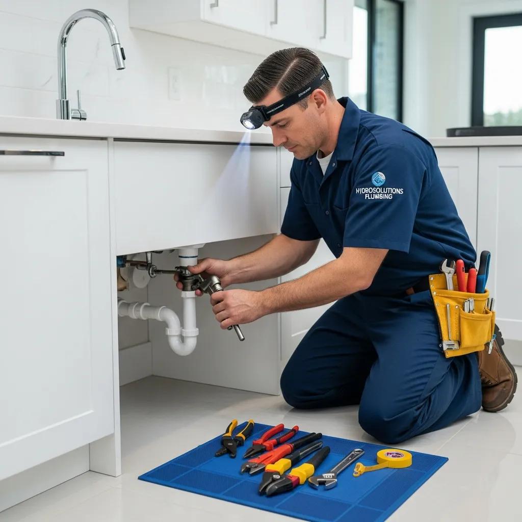 Professional plumber fixing a pipe under a sink in a modern kitchen, showcasing reliable plumbing services