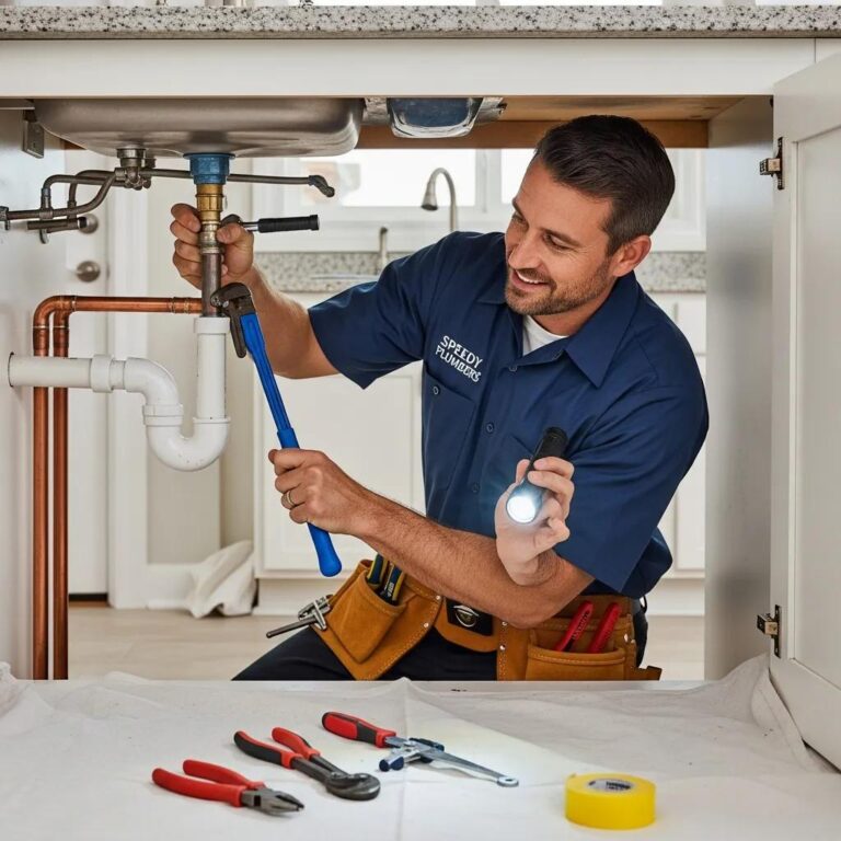 Professional plumber fixing a plumbing issue in a residential setting, showcasing reliability and expertise